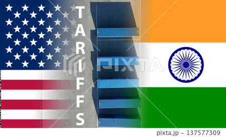 US tariffs against India concept. The flag of the USA and India. Logistics terminal with containers. US tariffs against India concept. The flag of the USA and India. Logistics terminal with containers. 137577309