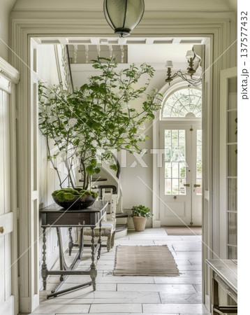 White and Olive Green Country Entrance Hall Elegant Farmhouse Style Refined Simplicity 137577432