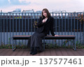 都会のテラスで佇む女性と阪急電鉄の線路。大阪の都市インフラと冬のライフスタイルが交差する風景。 137577461
