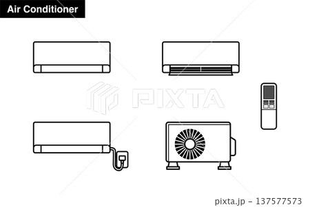 エアコン正面図セット　室内機・室外機・リモコンの線画 137577573