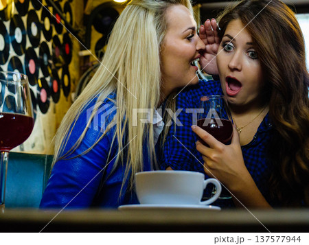 Two women gossiping in pub 137577944
