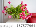 Pink tulip flower bouquet Unorganized tulip ornament delicately flows across surface connecting table 137577964