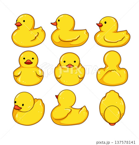 Yellow rubber duck toy icons set flat design Yellow rubber duck toy icons set flat design 137578141