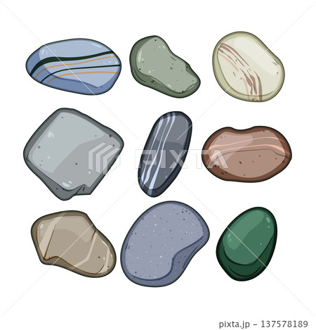 Smooth natural stones collection displaying varied shapes and colors 137578189