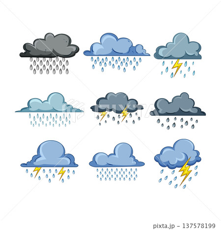 Weather forecast icons showing various rain and storm conditions Weather forecast icons showing various rain and storm conditions 137578199