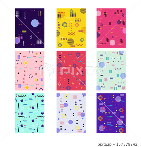 Memphis style geometric patterns creating abstract backgrounds set 137578242