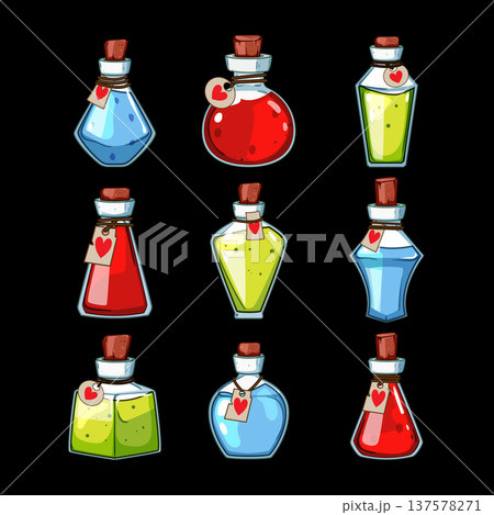 Fantasy magic potions set with heart labels 137578271