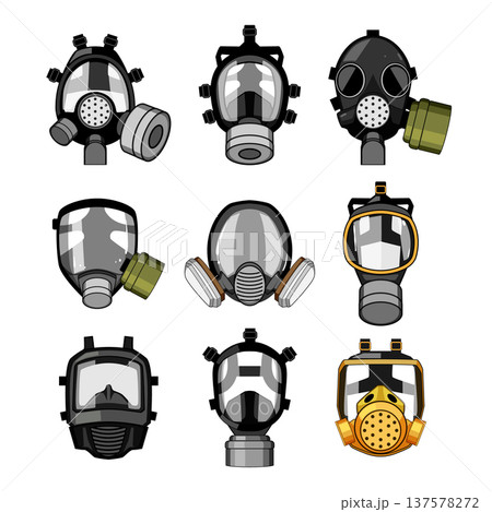 Collection of protective gas masks and respirators illustrating safety 137578272