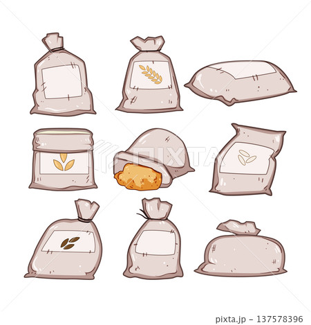 Various sacks holding grain and flour products 137578396