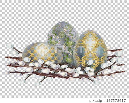 Elegant watercolor Easter eggs with golden ornamental patterns resting on blooming willow branches. Vintage inspired spring composition for Easter greeting cards, invitations and holiday decorations 137578417