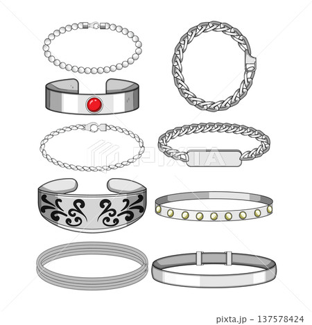 Collection of various silver bracelets and jewelry accessories designs Collection of various silver bracelets and jewelry accessories designs 137578424