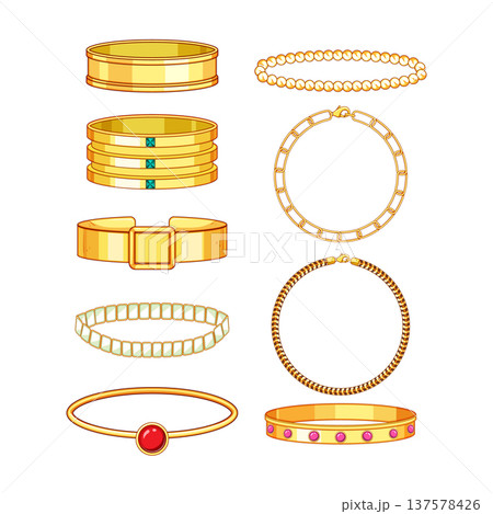 Gold bracelets collection showcasing luxury jewelry accessories 137578426