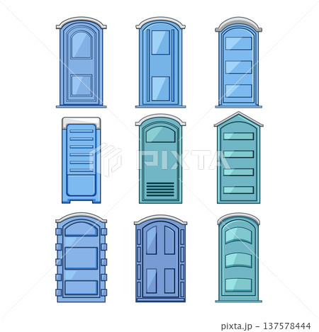 Portable toilets set showing various design styles Portable toilets set showing various design styles 137578444