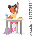 Young cute African-American elementary school girl sits at her desk raising her hand. Cartoon vector illustration. 137578484