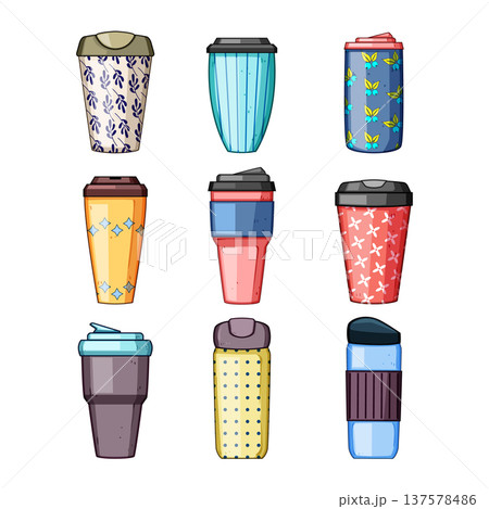 Reusable thermo mugs collection in various patterns and colors Reusable thermo mugs collection in various patterns and colors 137578486