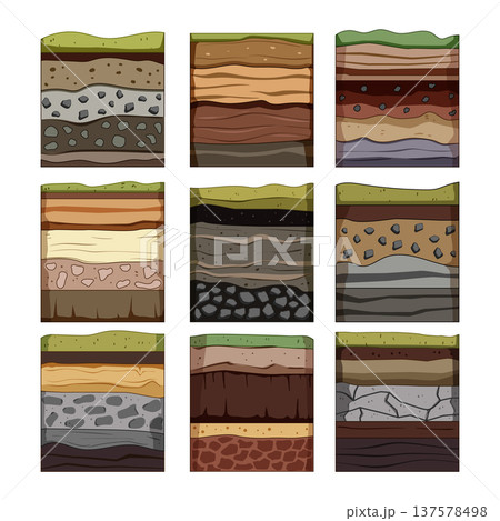 Different soil layers displaying earth strata profiles Different soil layers displaying earth strata profiles 137578498