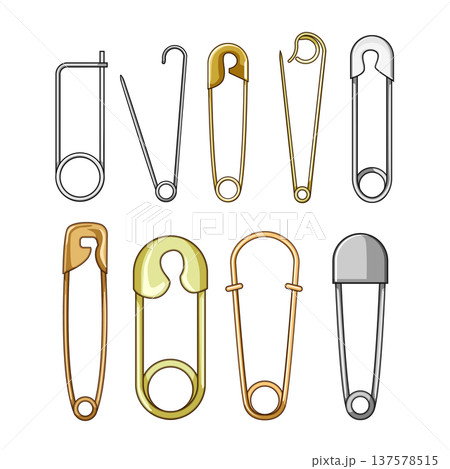 Assortment of different metallic safety pins on white Assortment of different metallic safety pins on white 137578515