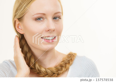 Blonde girl with braid hair Blonde girl with braid hair 137578538