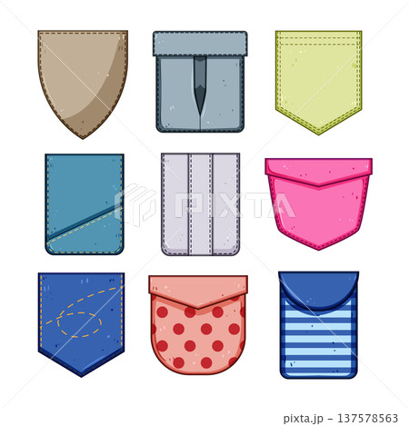 Collection of various colorful clothing pocket designs 137578563