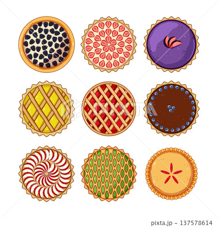 Assortment of sweet pies and fruit tarts illustration 137578614