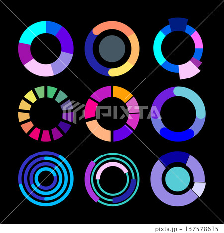 Nine colorful circular charts analyzing business data information Nine colorful circular charts analyzing business data information 137578615