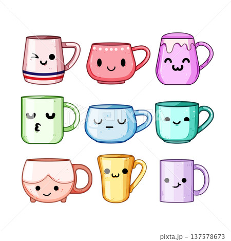 Colorful kawaii mugs collection showing various cute expressions 137578673