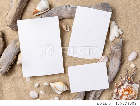 Wedding invitation card mockup set on sand with seashells and driftwood, beach event design Wedding invitation card mockup set on sand with seashells and driftwood, beach event design 137578688