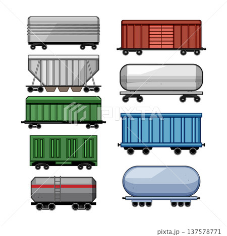 Different freight train wagons transporting various cargo types Different freight train wagons transporting various cargo types 137578771
