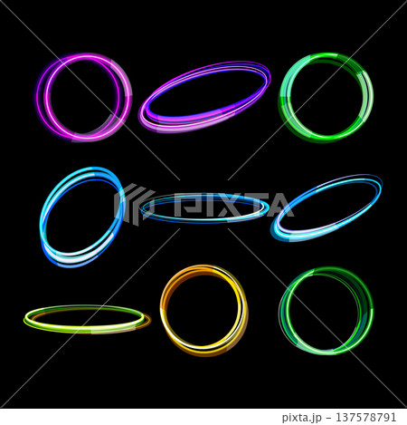 Glowing light trails creating abstract energy rings Glowing light trails creating abstract energy rings 137578791