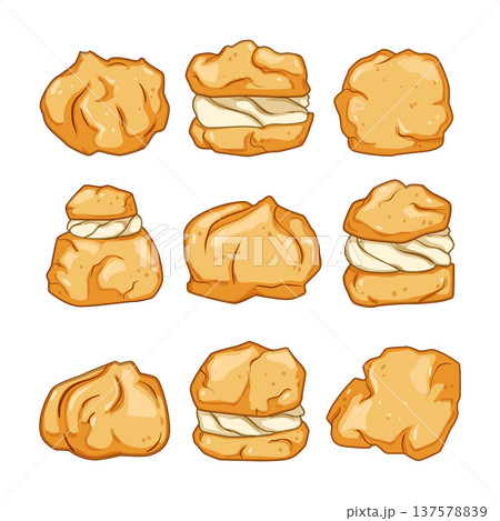 Cream puffs displaying different shapes and sweet fillings 137578839