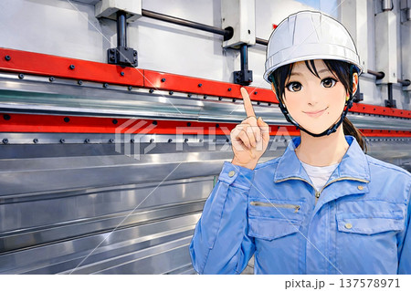 ヘルメットを被る作業着の女性(アニメ風)ブレーキプレス ベンダー 製造業 ヘルメットを被る作業着の女性(アニメ風)ブレーキプレス ベンダー 製造業 137578971
