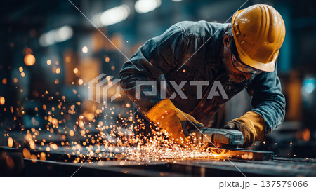 Industrial worker grinding metal with angle grinder in factory workshop sparks and manufacturing process 137579066