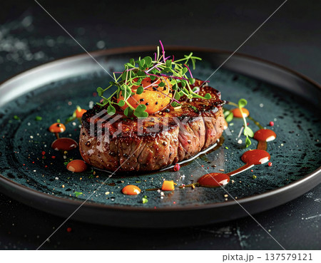 食欲をそそるシズル感たっぷりの厚切りステーキと色鮮やかなソース 137579121