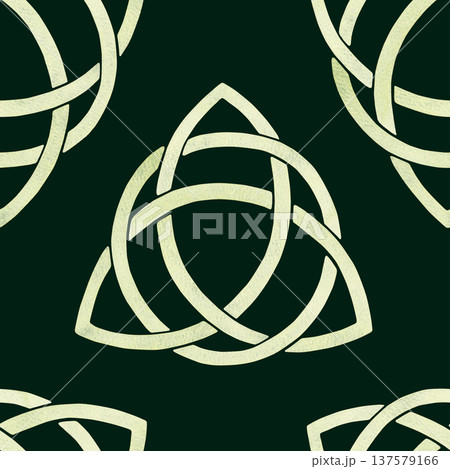 Green celtic Trinity Knot within a circle,in a single watercolor tone with paper texture in seamless pattern.Symbolic St.Patricks Day emblem for Irish heritage branding,national,cultural art projects 137579166