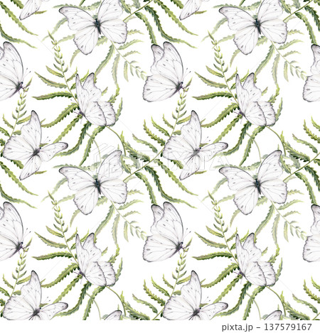Delicate fern leaves in seamless pattern,echoing enchanted forests,Celtic heritage,white butterfly,untouched nature.Soft watercolor for eco branding,ancestral storytelling,mythical woodland themes 137579167
