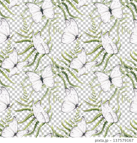 Delicate fern leaves in seamless pattern,echoing enchanted forests,Celtic heritage,white butterfly,untouched nature.Soft watercolor for eco branding,ancestral storytelling,mythical woodland themes 137579167