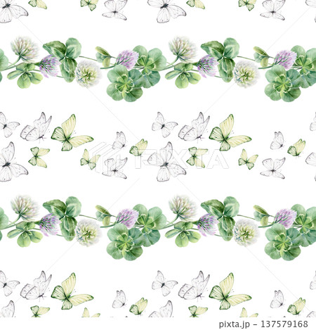 Seamless pattern of shamrocks and four leaves clover,lilac and white flowers,butterflies.Watercolor ilustration,symbolizing luck and new beginnings,for wedding,bridal party decor,romantic celebrations 137579168