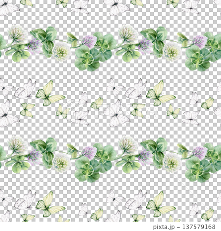 Seamless pattern of shamrocks and four leaves clover,lilac and white flowers,butterflies.Watercolor ilustration,symbolizing luck and new beginnings,for wedding,bridal party decor,romantic celebrations 137579168