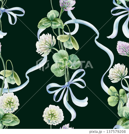 Graceful,winding clover branches in three leafs,delicate white lavender blossoms,double silk bow,flowing satin ribbons.Watercolor illustration for nature themed branding,wedding decor,herbal packaging Graceful,winding clover branches in three leafs,delicate white lavender blossoms,double silk bow,flowing satin ribbons.Watercolor illustration for nature themed branding,wedding decor,herbal packaging 137579208