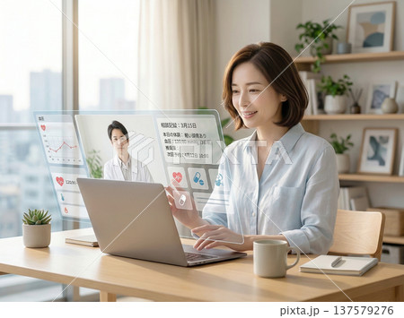 自宅でオンライン診療する女性 137579276