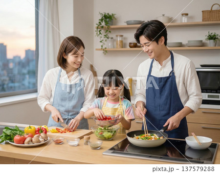 家族で料理を楽しむ親子 137579288