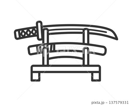 刀掛台に飾られた、日本刀と鞘のアイコン（線画）のイラスト 137579331