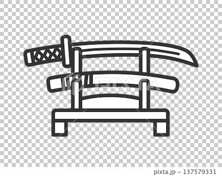 刀掛台に飾られた、日本刀と鞘のアイコン（線画）のイラスト 137579331