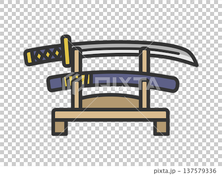 刀掛台に飾られた、日本刀と鞘のアイコン(線画カラー)のイラスト 刀掛台に飾られた、日本刀と鞘のアイコン(線画カラー)のイラスト 137579336