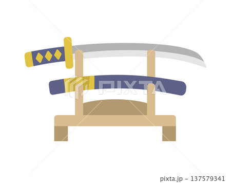 刀掛台に飾られた、日本刀と鞘のアイコンのイラスト 137579341