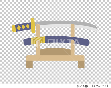 刀掛台に飾られた、日本刀と鞘のアイコンのイラスト 137579341