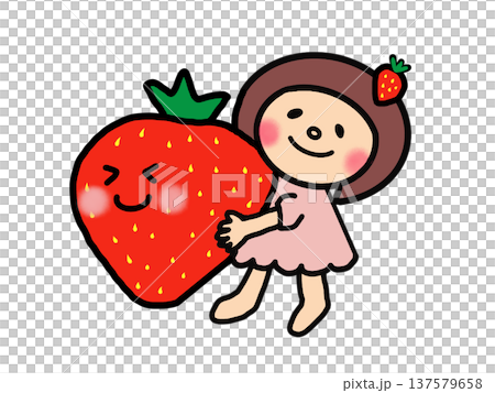 大きなイチゴを持ったかわいいおかっぱボブヘア女の子 大きなイチゴを持ったかわいいおかっぱボブヘア女の子 137579658