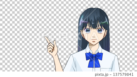 Anime-style illustration of a high school or junior high school girl in summer clothes giving an explanation, guidance, or introduction, white background 137579841