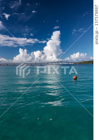 ターコイズブルーの海と橋と入道雲の南国風景 ターコイズブルーの海と橋と入道雲の南国風景 137579887