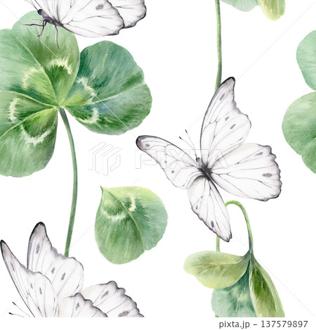 Seamless pattern of three leaf clovers,scattered petal,white butterflies,celebrating St. Patricks Day,Irish heritage.Soft watercolor with fresh greens for festive branding,event decor,cultural designs 137579897